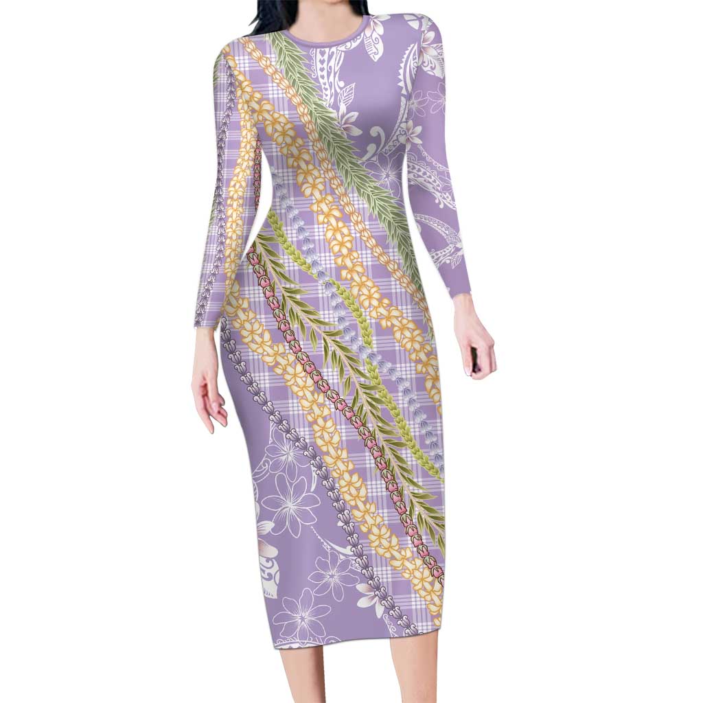 Purple Palaka Hawaii Leis Family Matching Long Sleeve Bodycon Dress and Hawaiian Shirt Hawaiian-plaid Elegant Tropical Vibes LT14 Mom's Dress Purple - Polynesian Pride
