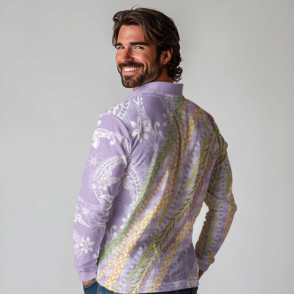 Purple Palaka Hawaii Leis Long Sleeve Polo Shirt Hawaiian-plaid Elegant Tropical Vibes - Polynesian Pride