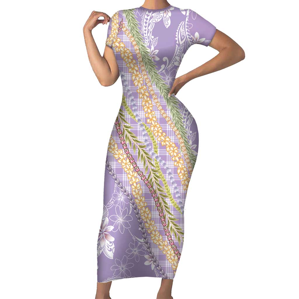Purple Palaka Hawaii Leis Short Sleeve Bodycon Dress Hawaiian-plaid Elegant Tropical Vibes - Polynesian Pride