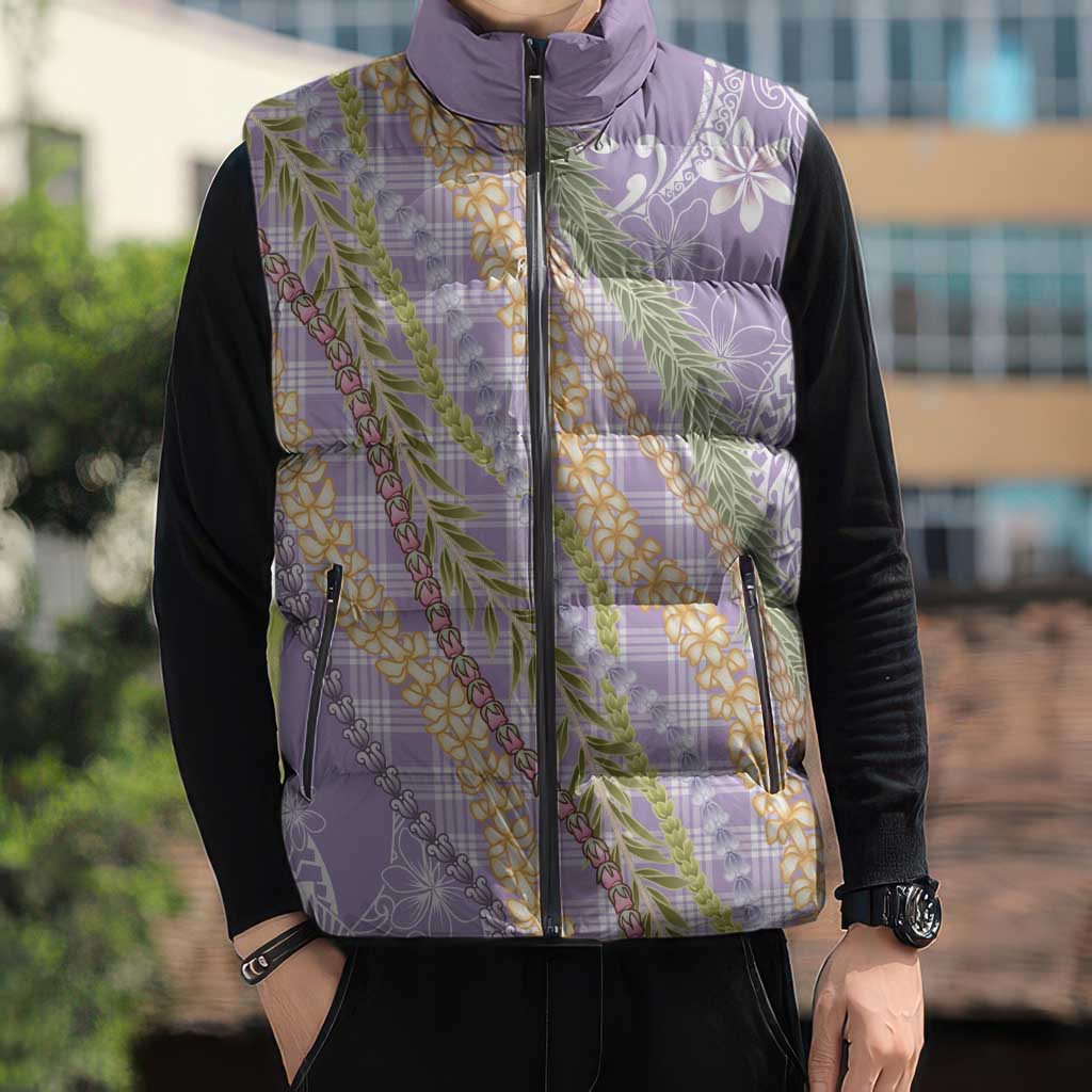 Purple Palaka Hawaii Leis Sleeveless Puffer Jacket Hawaiian-plaid Elegant Tropical Vibes - Polynesian Pride