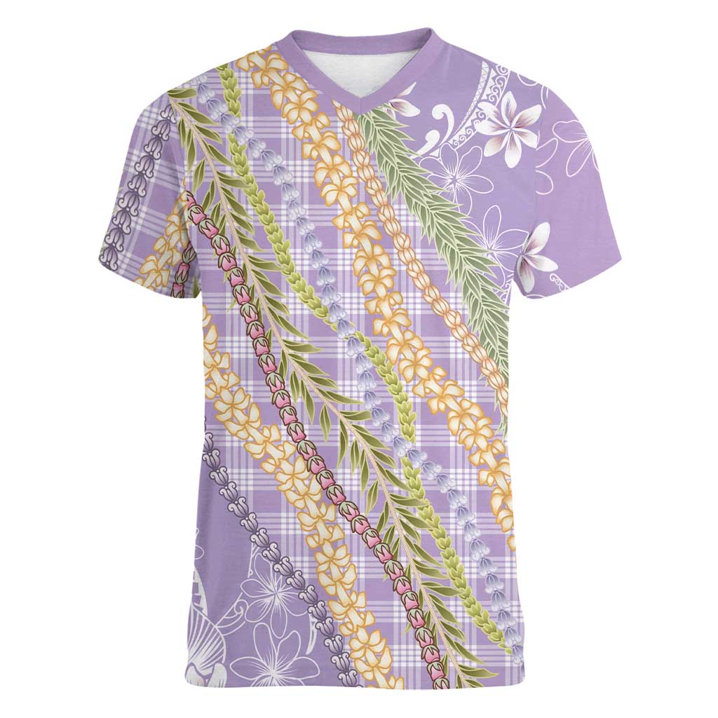 Purple Palaka Hawaii Leis Women V-Neck T-Shirt Hawaiian-plaid Elegant Tropical Vibes - Polynesian Pride