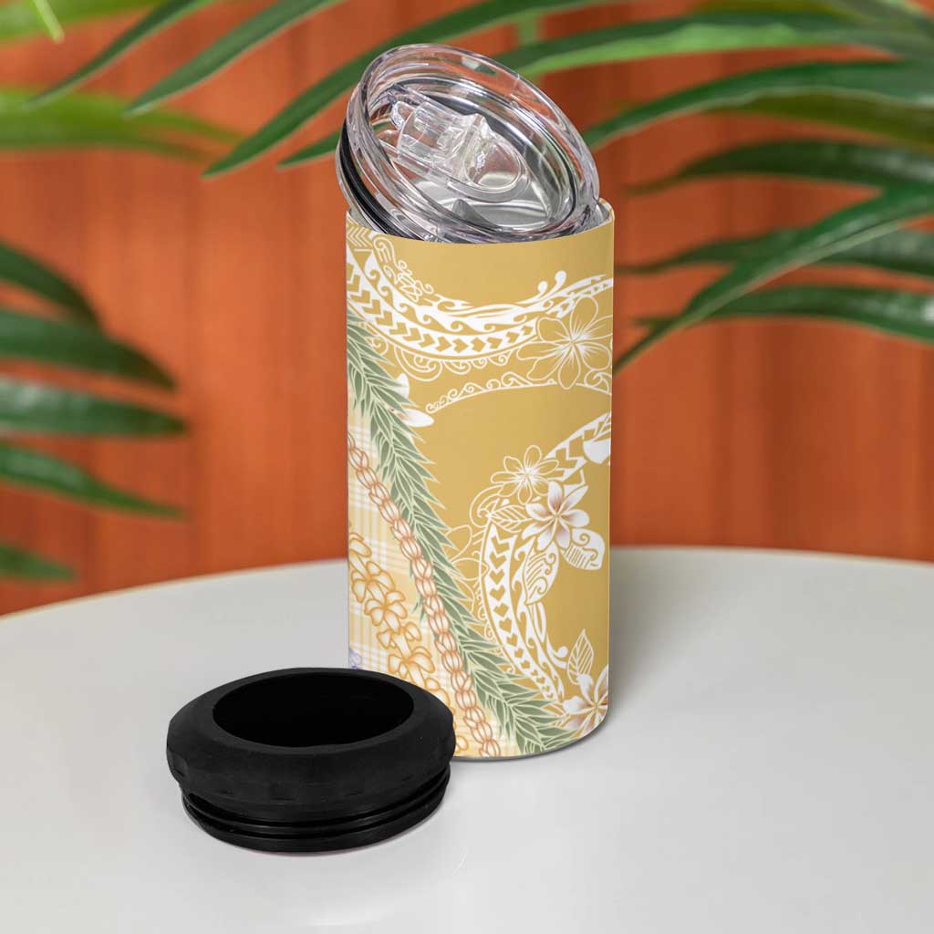 Yellow Palaka Hawaii Leis 4 in 1 Can Cooler Tumbler Hawaiian-plaid Elegant Tropical Vibes - Polynesian Pride
