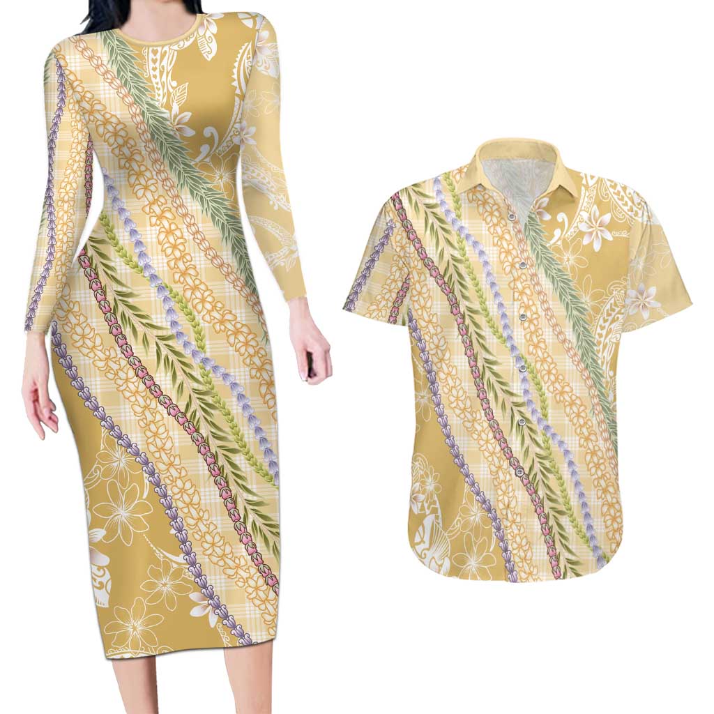 Yellow Palaka Hawaii Leis Couples Matching Long Sleeve Bodycon Dress and Hawaiian Shirt Hawaiian-plaid Elegant Tropical Vibes LT14 Yellow - Polynesian Pride