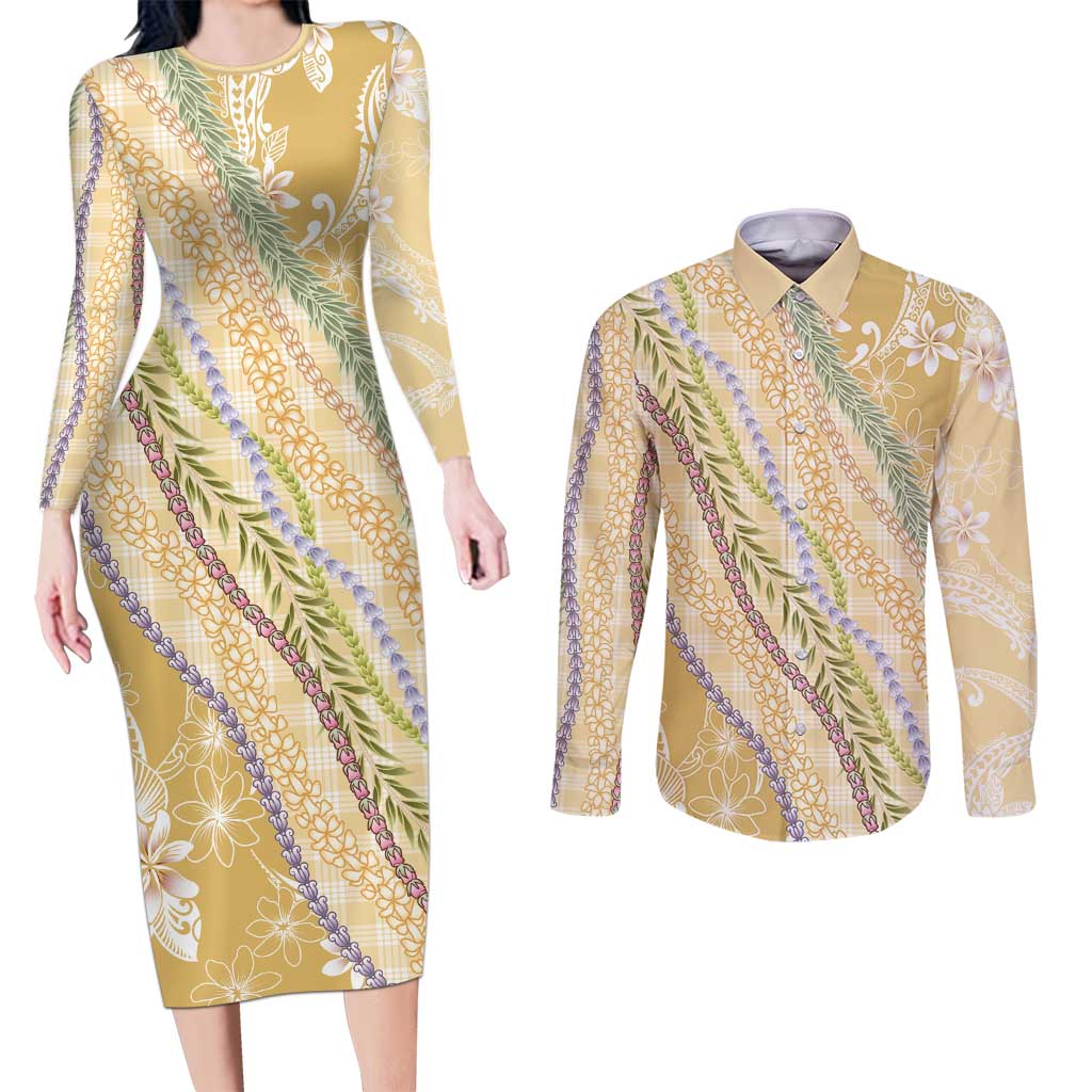 Yellow Palaka Hawaii Leis Couples Matching Long Sleeve Bodycon Dress and Long Sleeve Button Shirt Hawaiian-plaid Elegant Tropical Vibes - Polynesian Pride