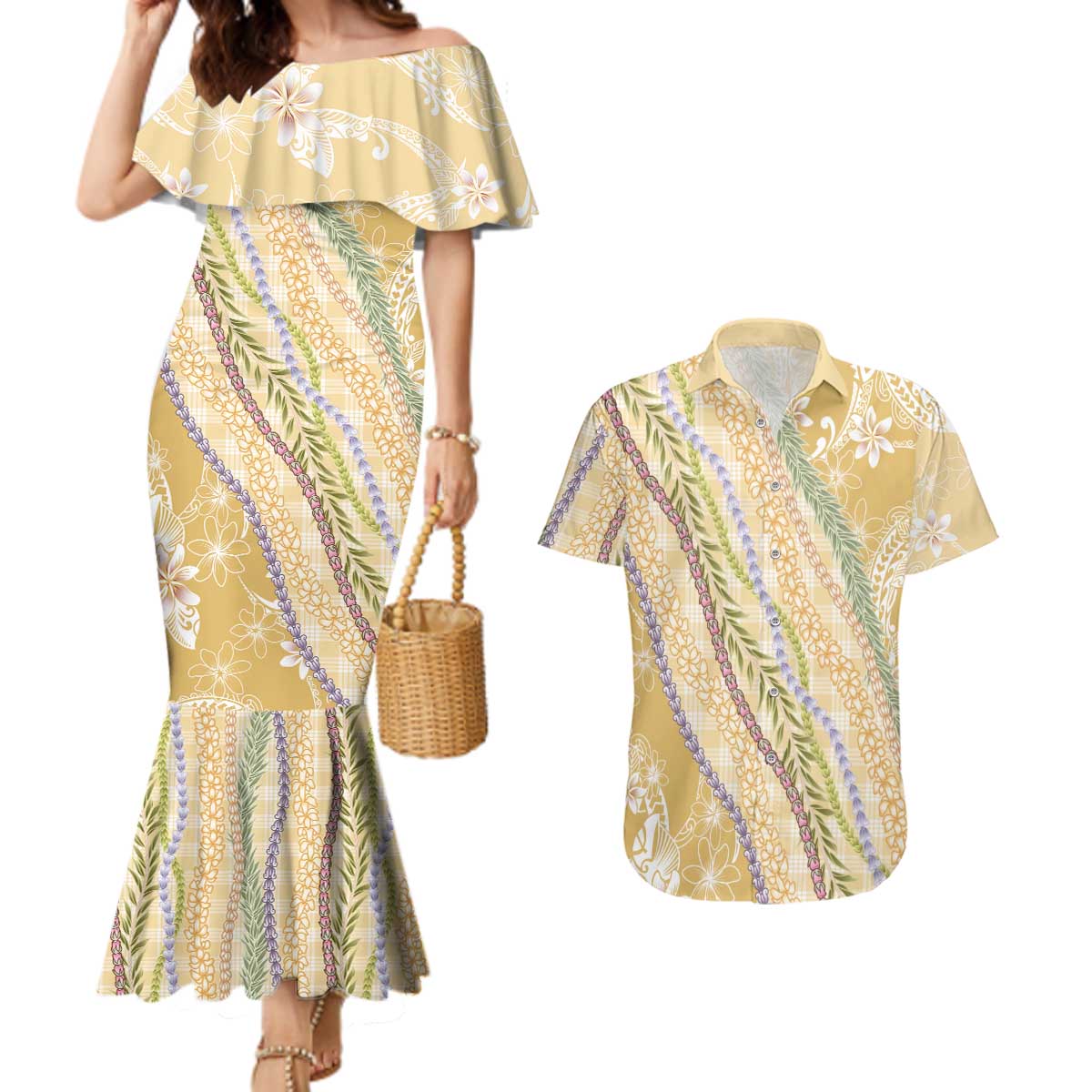 Yellow Palaka Hawaii Leis Couples Matching Mermaid Dress and Hawaiian Shirt Hawaiian-plaid Elegant Tropical Vibes LT14 Yellow - Polynesian Pride