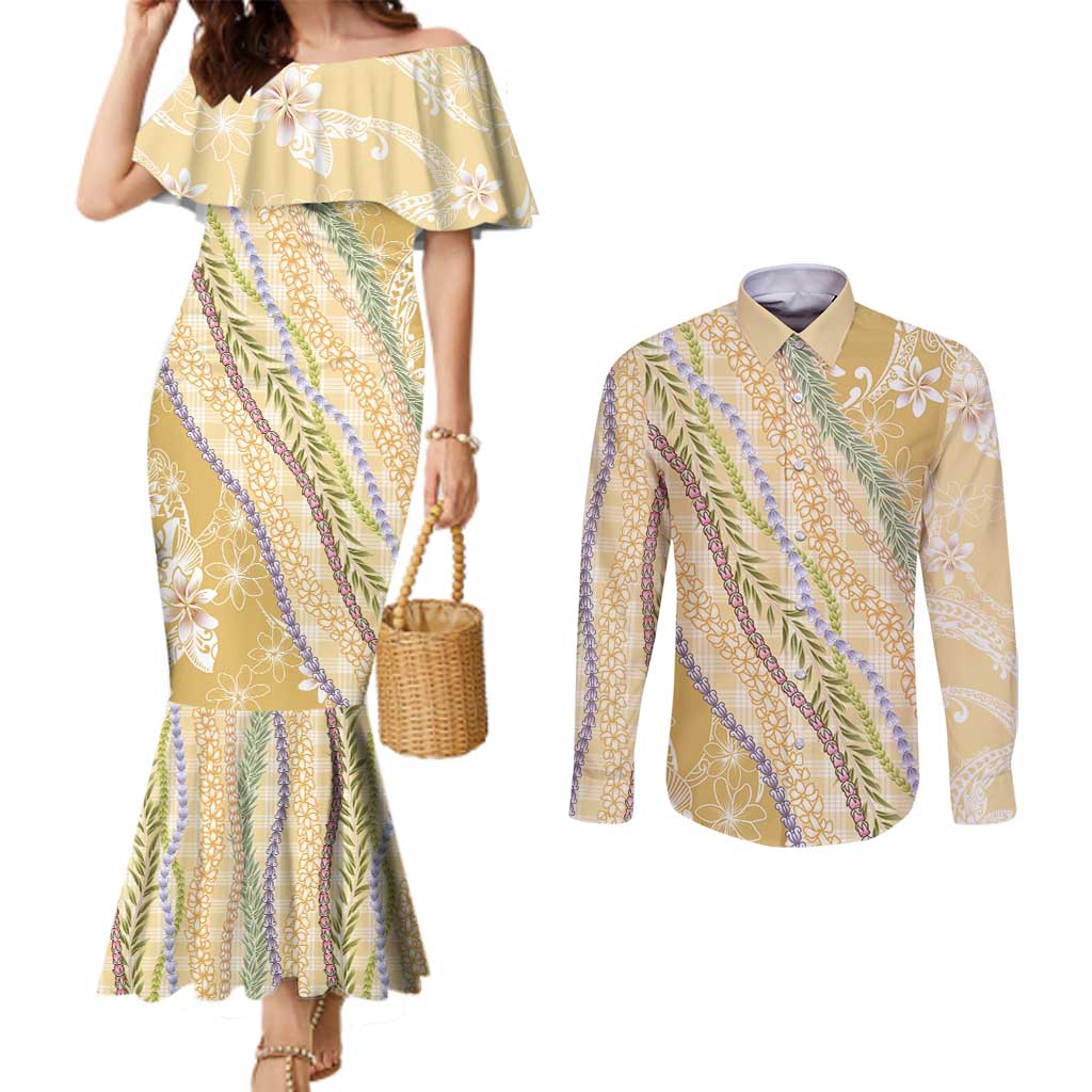 Yellow Palaka Hawaii Leis Couples Matching Mermaid Dress and Long Sleeve Button Shirt Hawaiian-plaid Elegant Tropical Vibes - Polynesian Pride