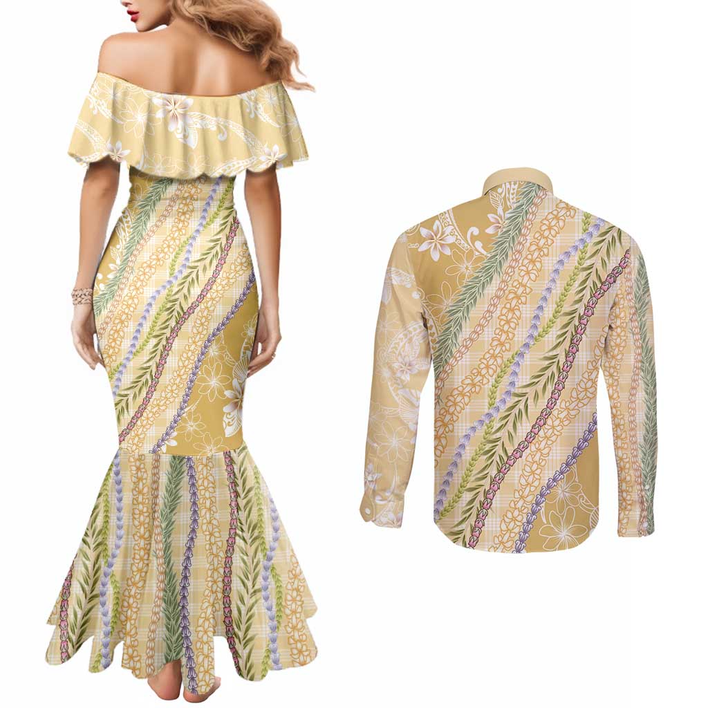 Yellow Palaka Hawaii Leis Couples Matching Mermaid Dress and Long Sleeve Button Shirt Hawaiian-plaid Elegant Tropical Vibes - Polynesian Pride