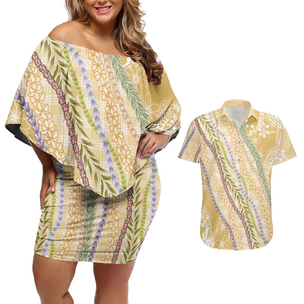 Yellow Palaka Hawaii Leis Couples Matching Off Shoulder Short Dress and Hawaiian Shirt Hawaiian-plaid Elegant Tropical Vibes - Polynesian Pride