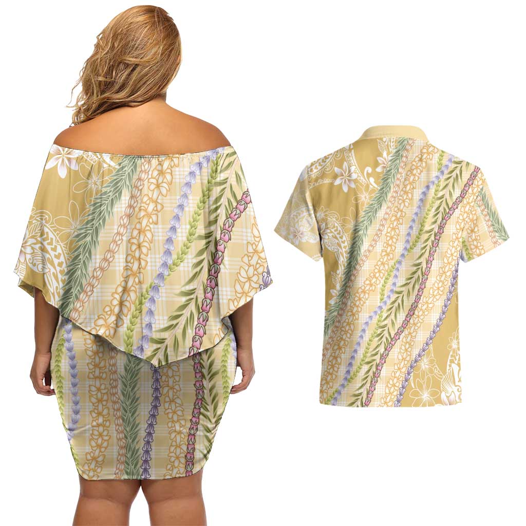 Yellow Palaka Hawaii Leis Couples Matching Off Shoulder Short Dress and Hawaiian Shirt Hawaiian-plaid Elegant Tropical Vibes - Polynesian Pride