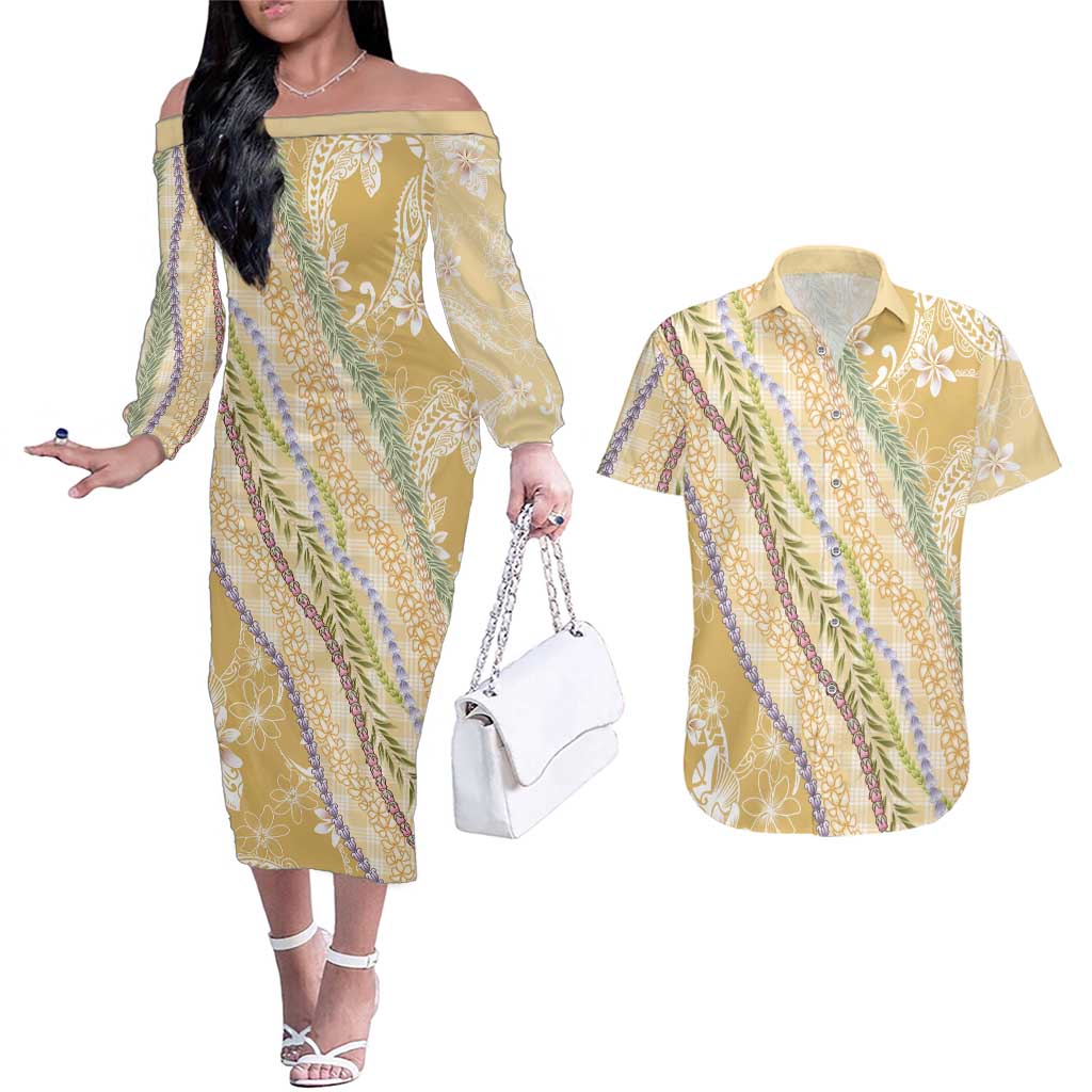 Yellow Palaka Hawaii Leis Couples Matching Off The Shoulder Long Sleeve Dress and Hawaiian Shirt Hawaiian-plaid Elegant Tropical Vibes LT14 Yellow - Polynesian Pride