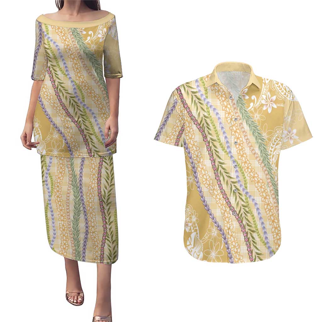 Yellow Palaka Hawaii Leis Couples Matching Puletasi and Hawaiian Shirt Hawaiian-plaid Elegant Tropical Vibes - Polynesian Pride