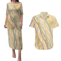 Yellow Palaka Hawaii Leis Couples Matching Puletasi and Hawaiian Shirt Hawaiian-plaid Elegant Tropical Vibes - Polynesian Pride