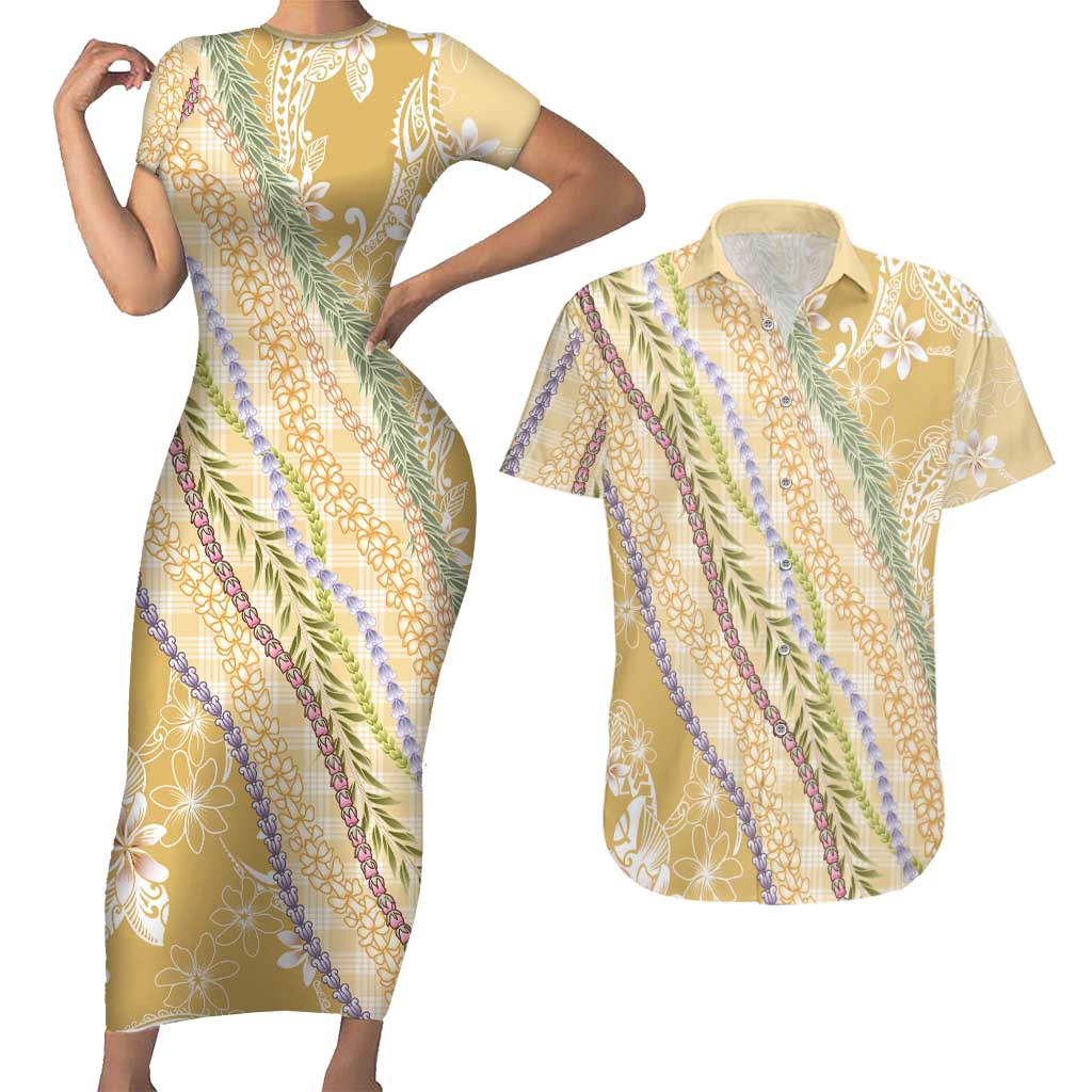Yellow Palaka Hawaii Leis Couples Matching Short Sleeve Bodycon Dress and Hawaiian Shirt Hawaiian-plaid Elegant Tropical Vibes LT14 Yellow - Polynesian Pride