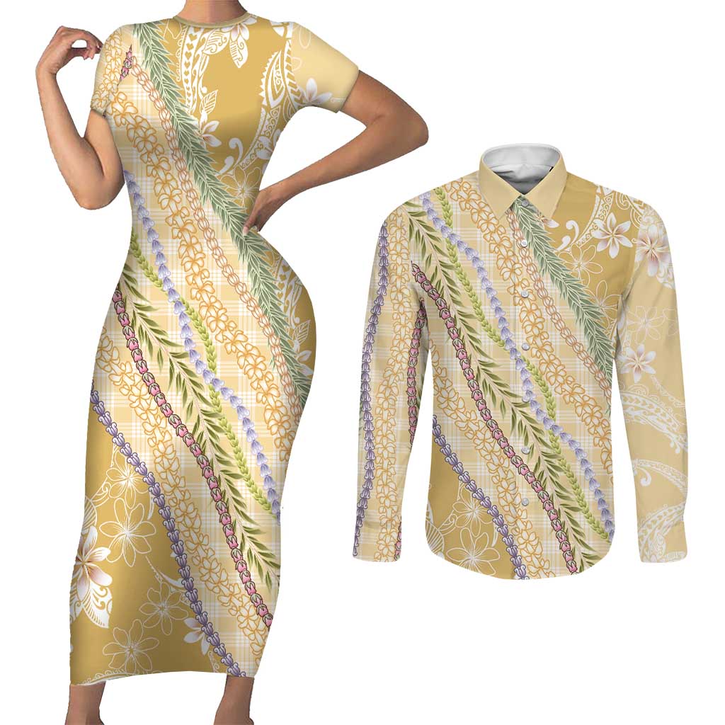 Yellow Palaka Hawaii Leis Couples Matching Short Sleeve Bodycon Dress and Long Sleeve Button Shirt Hawaiian-plaid Elegant Tropical Vibes - Polynesian Pride