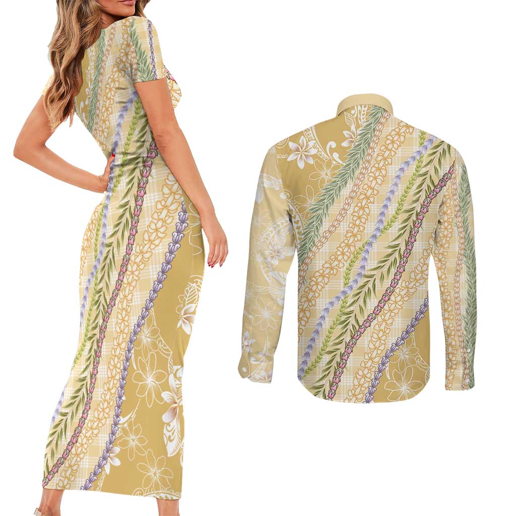 Yellow Palaka Hawaii Leis Couples Matching Short Sleeve Bodycon Dress and Long Sleeve Button Shirt Hawaiian-plaid Elegant Tropical Vibes - Polynesian Pride