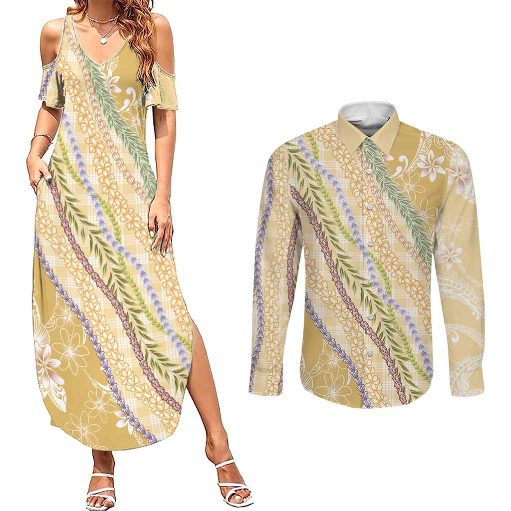 Yellow Palaka Hawaii Leis Couples Matching Summer Maxi Dress and Long Sleeve Button Shirt Hawaiian-plaid Elegant Tropical Vibes - Polynesian Pride