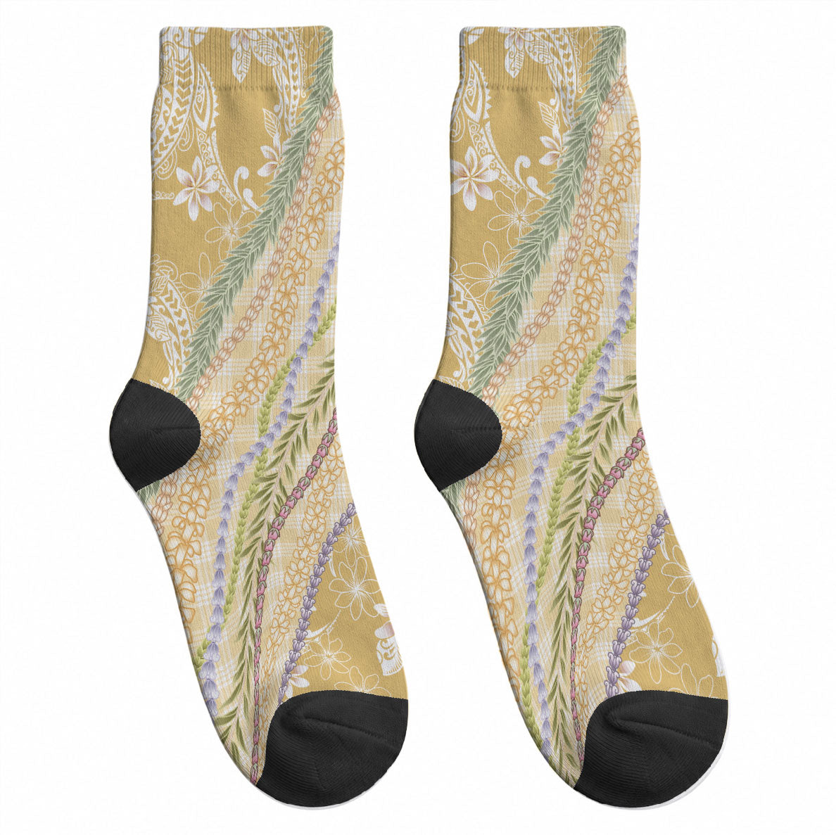 Yellow Palaka Hawaii Leis Crew Socks Hawaiian-plaid Elegant Tropical Vibes LT14 - Polynesian Pride