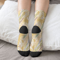 Yellow Palaka Hawaii Leis Crew Socks Hawaiian-plaid Elegant Tropical Vibes LT14 - Polynesian Pride