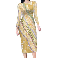 Yellow Palaka Hawaii Leis Family Matching Long Sleeve Bodycon Dress and Hawaiian Shirt Hawaiian-plaid Elegant Tropical Vibes LT14 Mom's Dress Yellow - Polynesian Pride