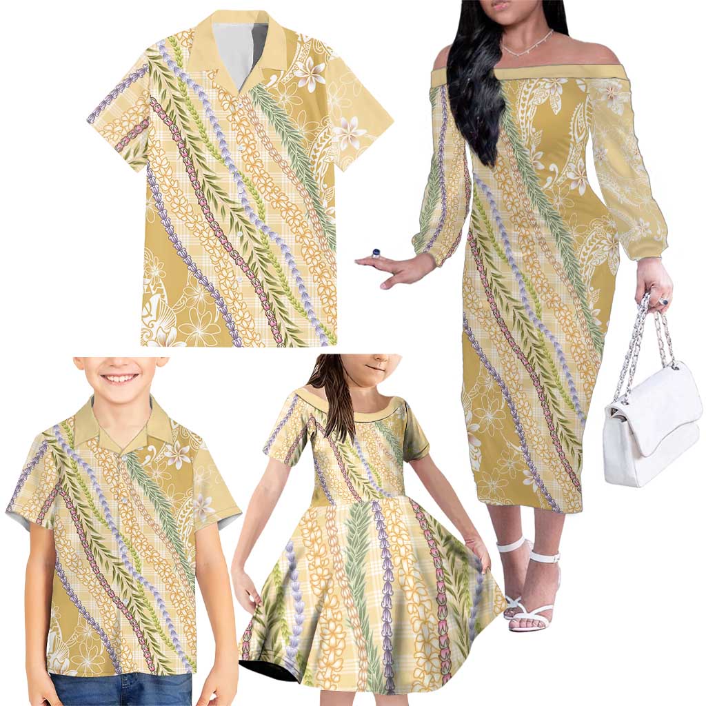 Yellow Palaka Hawaii Leis Family Matching Off The Shoulder Long Sleeve Dress and Hawaiian Shirt Hawaiian-plaid Elegant Tropical Vibes LT14 - Polynesian Pride