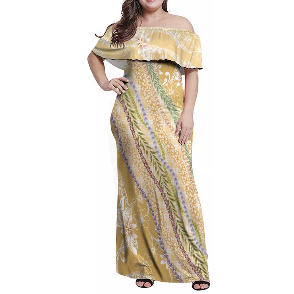 Yellow Palaka Hawaii Leis Family Matching Off Shoulder Maxi Dress and Hawaiian Shirt Hawaiian-plaid Elegant Tropical Vibes LT14 Mom's Dress Yellow - Polynesian Pride