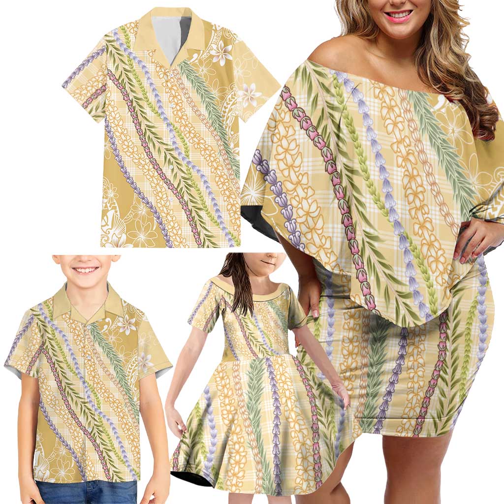 Yellow Palaka Hawaii Leis Family Matching Off Shoulder Short Dress and Hawaiian Shirt Hawaiian-plaid Elegant Tropical Vibes - Polynesian Pride