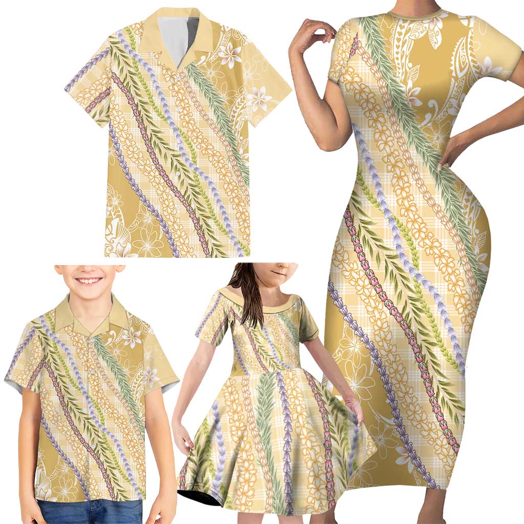 Yellow Palaka Hawaii Leis Family Matching Short Sleeve Bodycon Dress and Hawaiian Shirt Hawaiian-plaid Elegant Tropical Vibes - Polynesian Pride