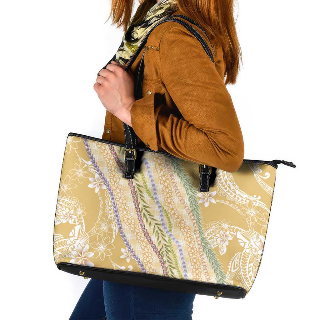 Yellow Palaka Hawaii Leis Leather Tote Bag Hawaiian-plaid Elegant Tropical Vibes - Polynesian Pride