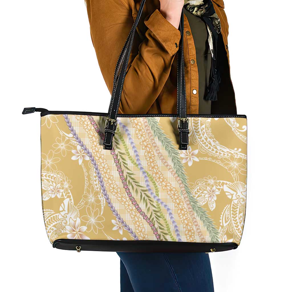 Yellow Palaka Hawaii Leis Leather Tote Bag Hawaiian-plaid Elegant Tropical Vibes - Polynesian Pride