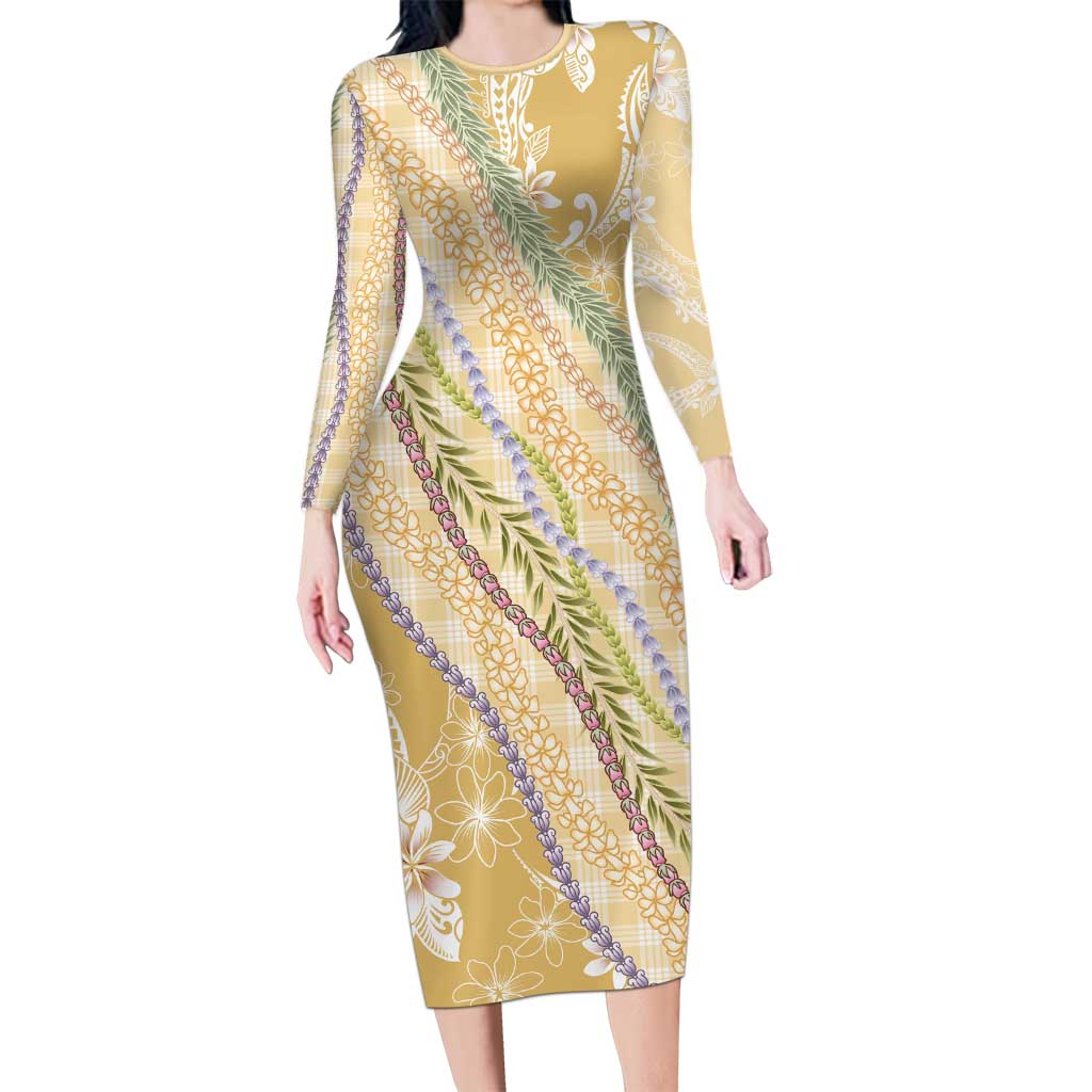 Yellow Palaka Hawaii Leis Long Sleeve Bodycon Dress Hawaiian-plaid Elegant Tropical Vibes LT14 Long Dress Yellow - Polynesian Pride