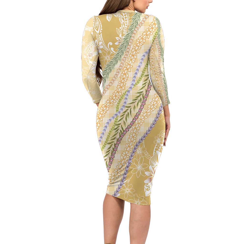 Yellow Palaka Hawaii Leis Long Sleeve Bodycon Dress Hawaiian-plaid Elegant Tropical Vibes LT14 - Polynesian Pride