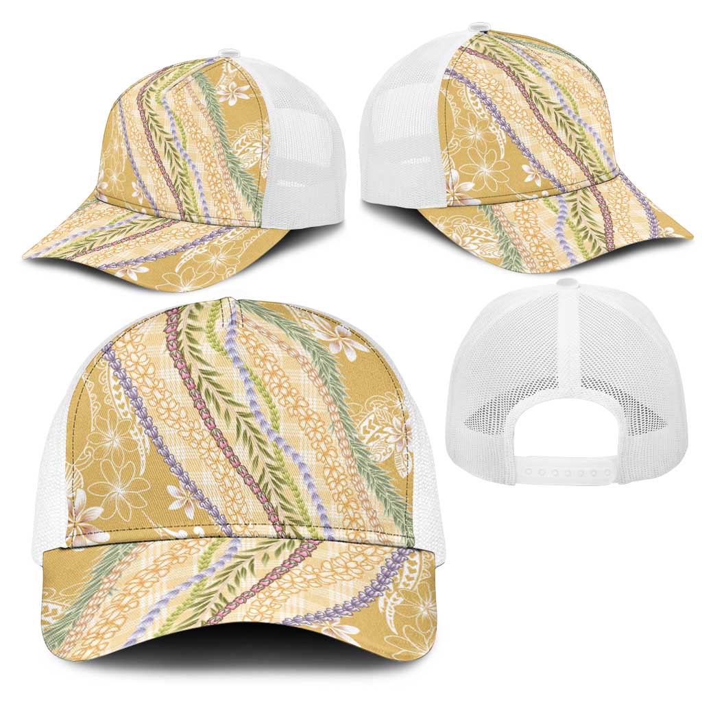 Yellow Palaka Hawaii Leis Mesh Trucker Cap Hawaiian-plaid Elegant Tropical Vibes - Polynesian Pride