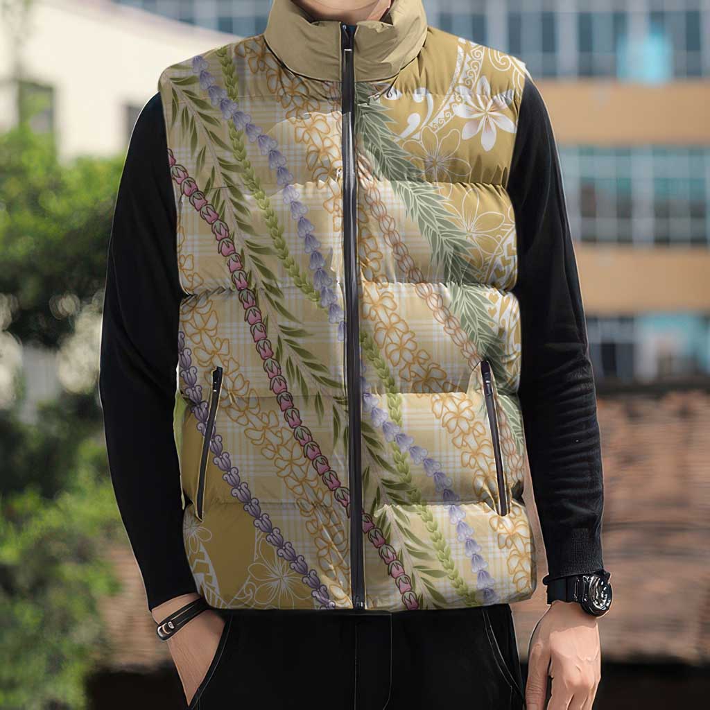 Yellow Palaka Hawaii Leis Sleeveless Puffer Jacket Hawaiian-plaid Elegant Tropical Vibes - Polynesian Pride
