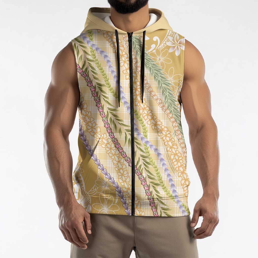 Yellow Palaka Hawaii Leis Sleeveless Zip Hoodie - Hawaiian Plaid Elegant Tropical Vibes LT14 - Polynesian Pride