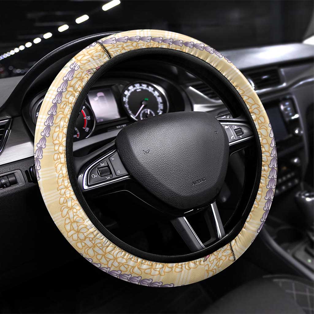 Yellow Palaka Hawaii Leis Steering Wheel Cover Hawaiian-plaid Elegant Tropical Vibes - Polynesian Pride