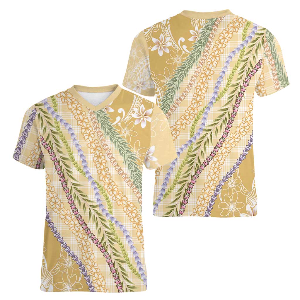 Yellow Palaka Hawaii Leis Women V-Neck T-Shirt Hawaiian-plaid Elegant Tropical Vibes - Polynesian Pride