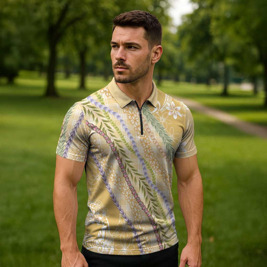 Yellow Palaka Hawaii Leis Zipper Polo Shirt Hawaiian-plaid Elegant Tropical Vibes - Polynesian Pride
