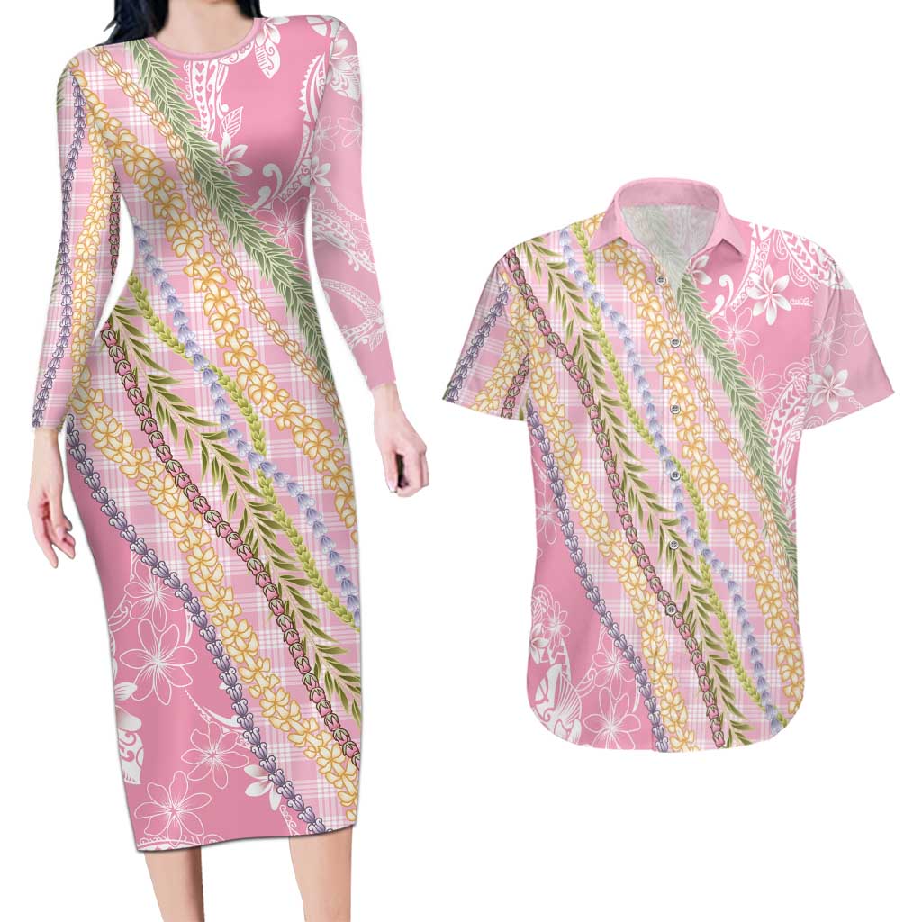 Pink Palaka Hawaii Leis Couples Matching Long Sleeve Bodycon Dress and Hawaiian Shirt Hawaiian-plaid Elegant Tropical Vibes LT14 Pink - Polynesian Pride