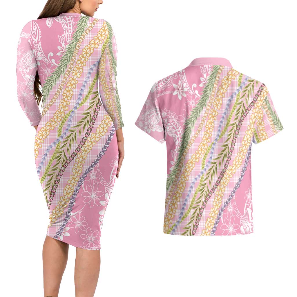 Pink Palaka Hawaii Leis Couples Matching Long Sleeve Bodycon Dress and Hawaiian Shirt Hawaiian-plaid Elegant Tropical Vibes LT14 - Polynesian Pride