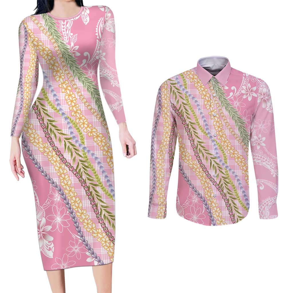 Pink Palaka Hawaii Leis Couples Matching Long Sleeve Bodycon Dress and Long Sleeve Button Shirt Hawaiian-plaid Elegant Tropical Vibes LT14 Pink - Polynesian Pride