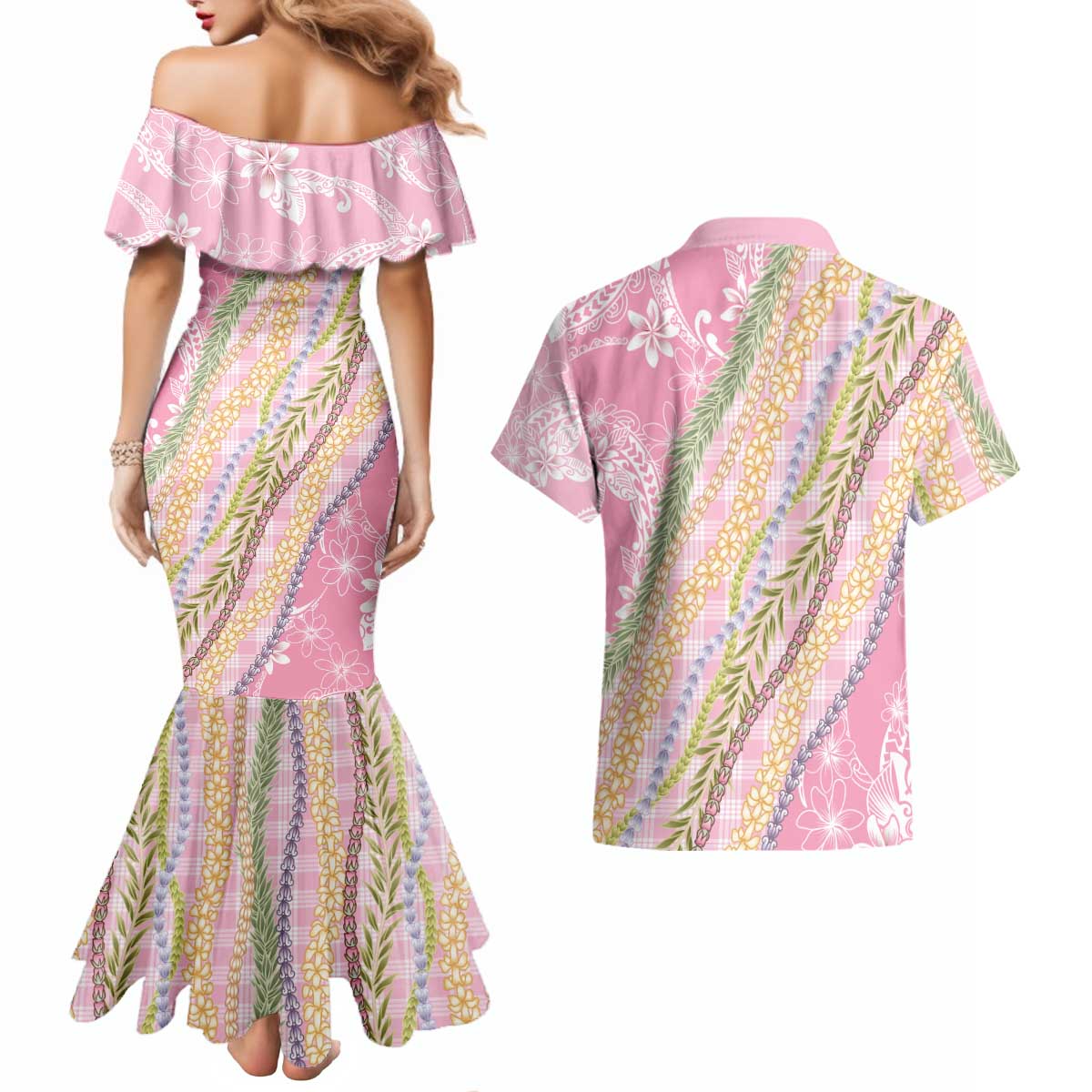 Pink Palaka Hawaii Leis Couples Matching Mermaid Dress and Hawaiian Shirt Hawaiian-plaid Elegant Tropical Vibes - Polynesian Pride