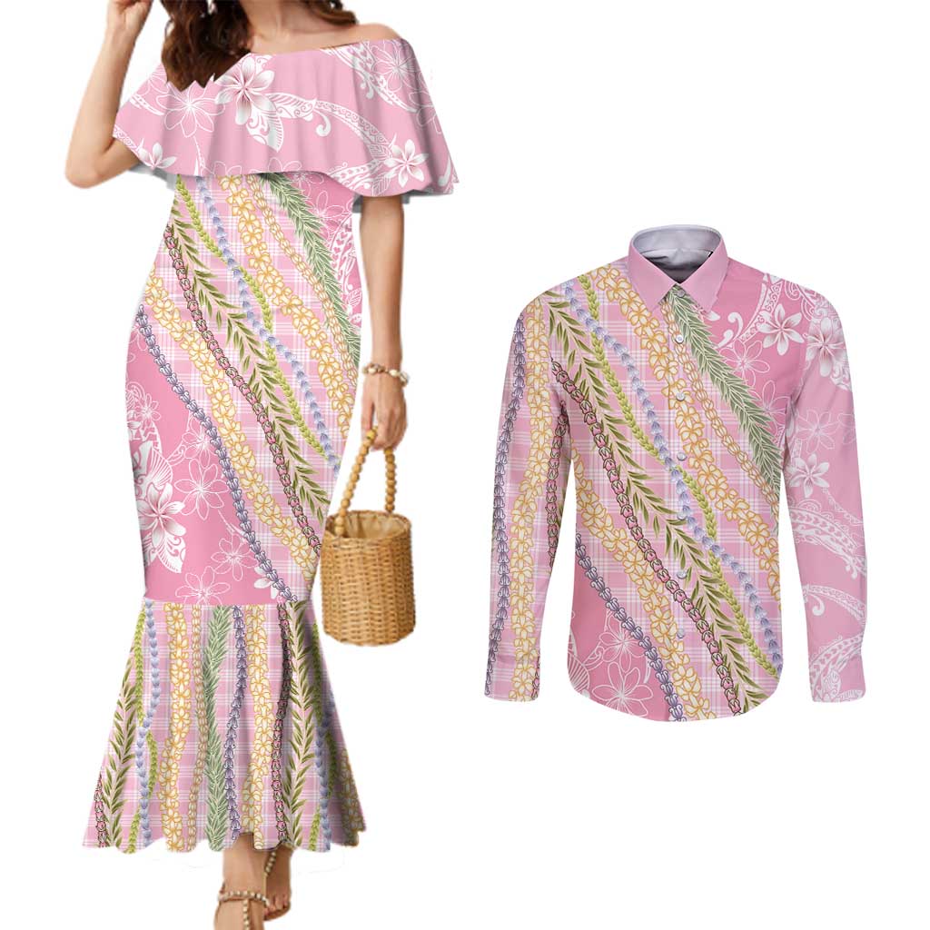 Pink Palaka Hawaii Leis Couples Matching Mermaid Dress and Long Sleeve Button Shirt Hawaiian-plaid Elegant Tropical Vibes - Polynesian Pride