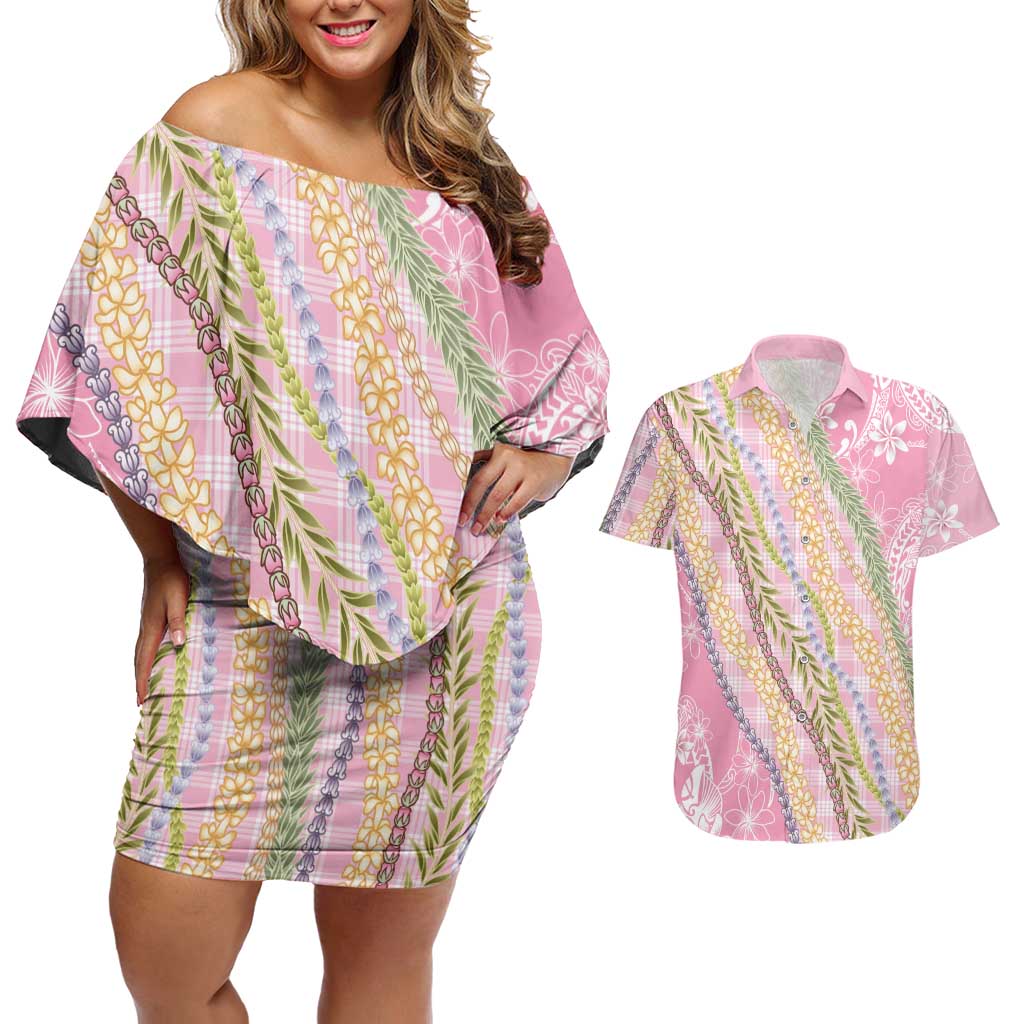 Pink Palaka Hawaii Leis Couples Matching Off Shoulder Short Dress and Hawaiian Shirt Hawaiian-plaid Elegant Tropical Vibes - Polynesian Pride