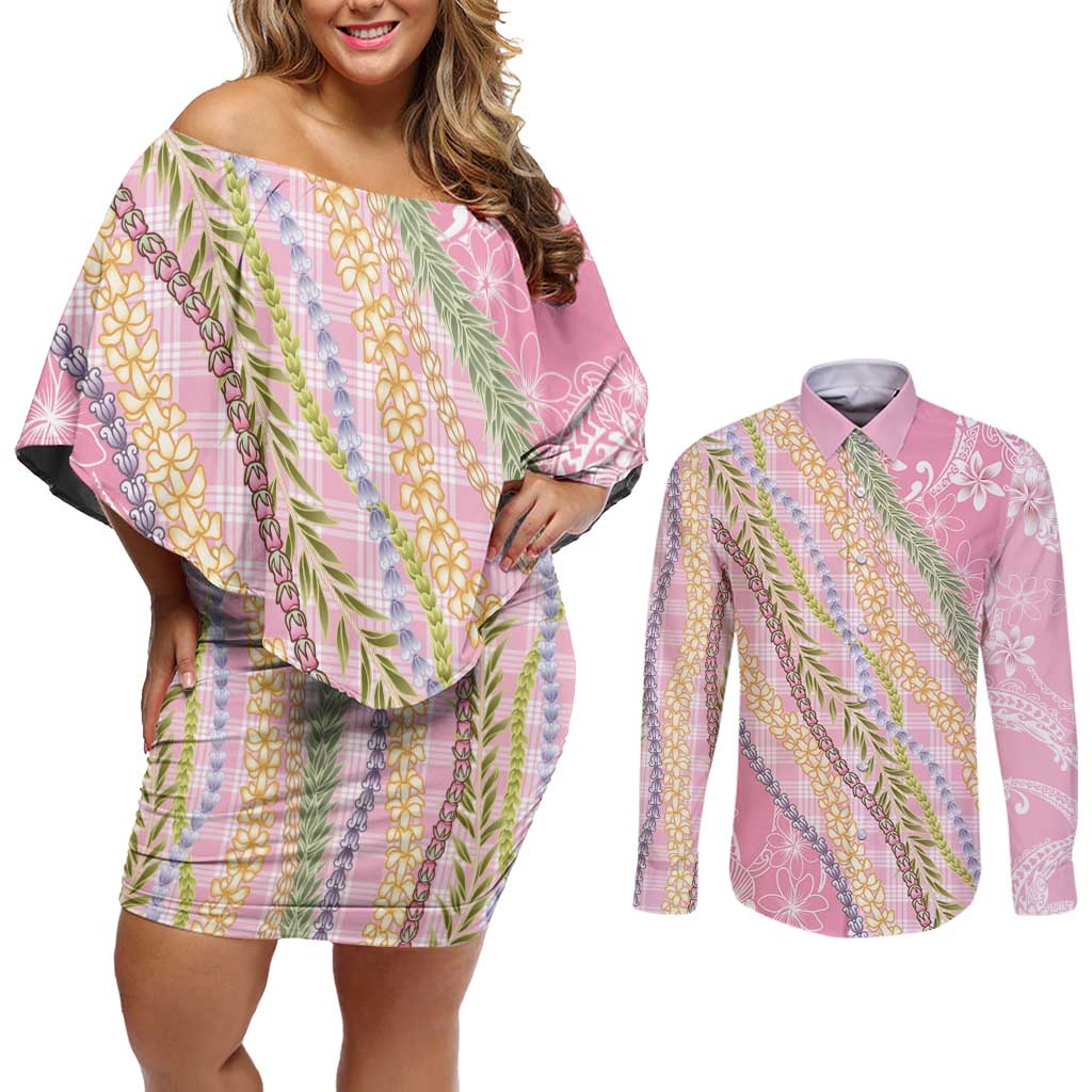 Pink Palaka Hawaii Leis Couples Matching Off Shoulder Short Dress and Long Sleeve Button Shirt Hawaiian-plaid Elegant Tropical Vibes - Polynesian Pride