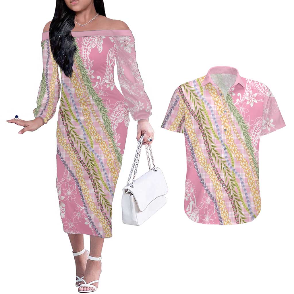 Pink Palaka Hawaii Leis Couples Matching Off The Shoulder Long Sleeve Dress and Hawaiian Shirt Hawaiian-plaid Elegant Tropical Vibes LT14 Pink - Polynesian Pride