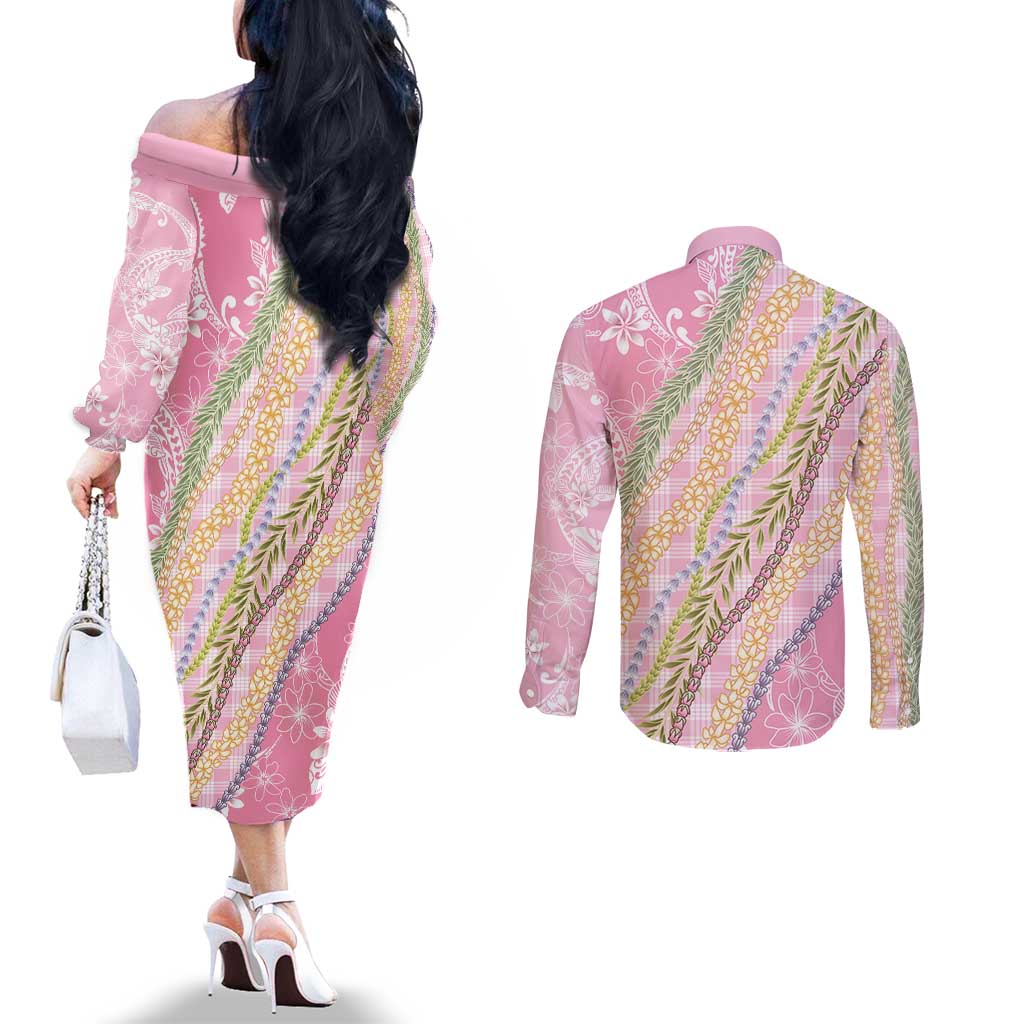 Pink Palaka Hawaii Leis Couples Matching Off The Shoulder Long Sleeve Dress and Long Sleeve Button Shirt Hawaiian-plaid Elegant Tropical Vibes - Polynesian Pride
