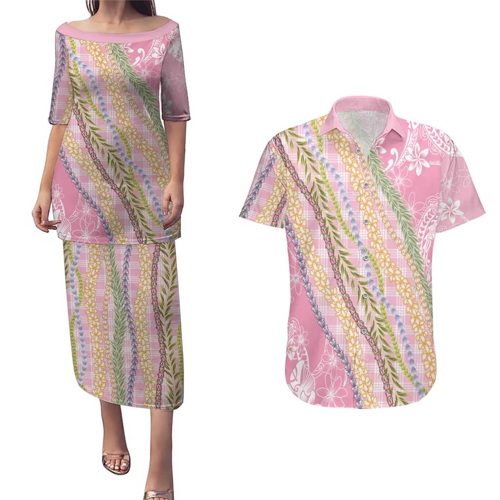 Pink Palaka Hawaii Leis Couples Matching Puletasi and Hawaiian Shirt Hawaiian-plaid Elegant Tropical Vibes - Polynesian Pride