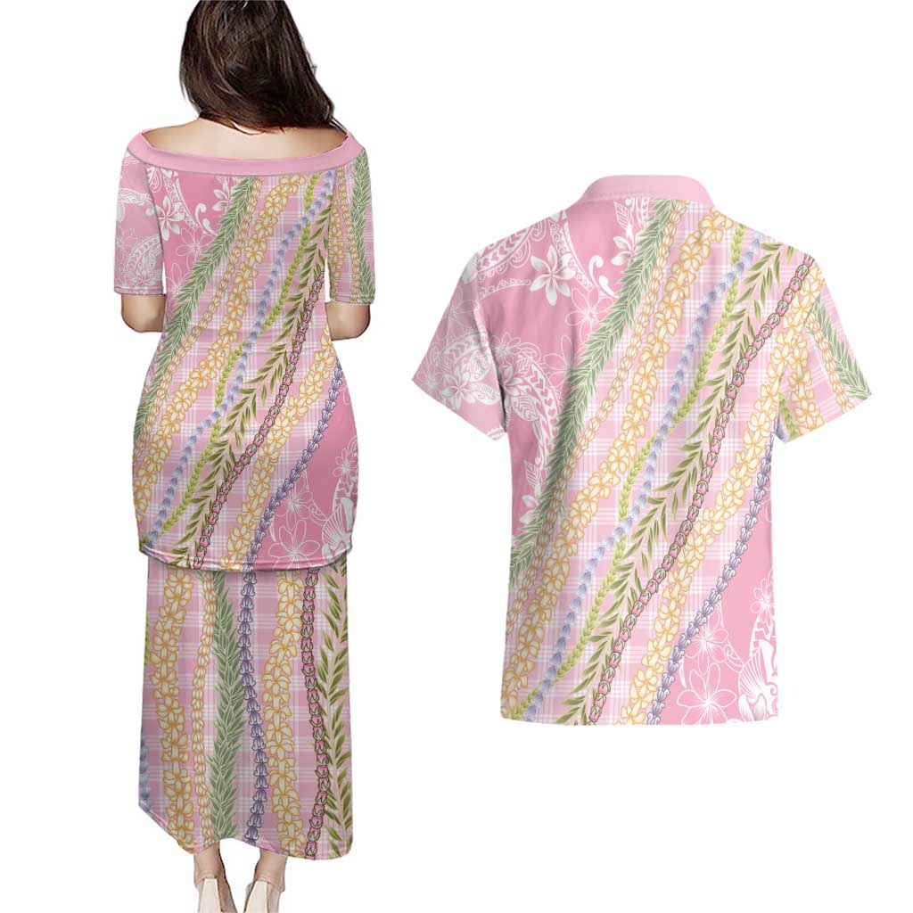 Pink Palaka Hawaii Leis Couples Matching Puletasi and Hawaiian Shirt Hawaiian-plaid Elegant Tropical Vibes - Polynesian Pride