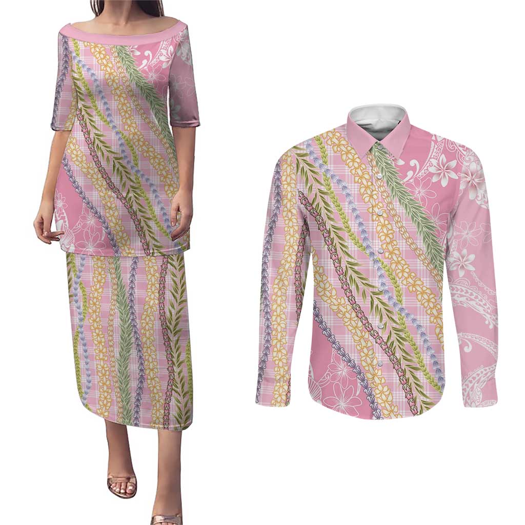 Pink Palaka Hawaii Leis Couples Matching Puletasi and Long Sleeve Button Shirt Hawaiian-plaid Elegant Tropical Vibes - Polynesian Pride