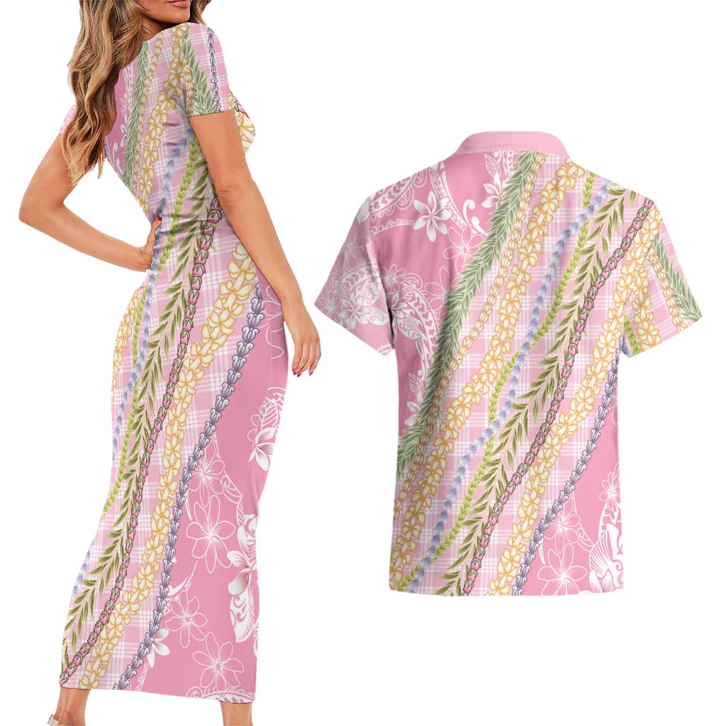Pink Palaka Hawaii Leis Couples Matching Short Sleeve Bodycon Dress and Hawaiian Shirt Hawaiian-plaid Elegant Tropical Vibes LT14 - Polynesian Pride